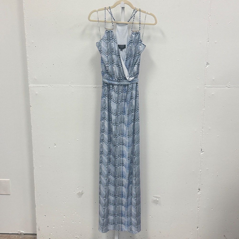 Guess Blue White Wavy Abstract Print Halter‎ Maxi Dress XS Wrap Front Tie Waist